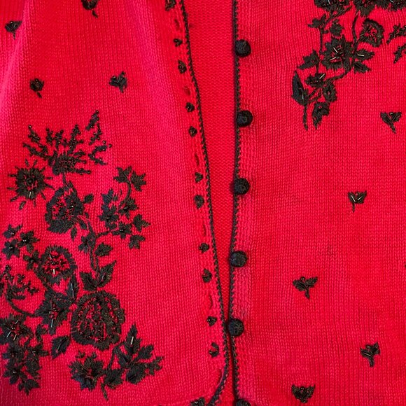 Heirloom Collectibles Women Large Sweater Cardigan Red Beaded Buttoned - Picture 9 of 15
